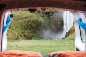 inside Renault kangoo camper with waterfall view
