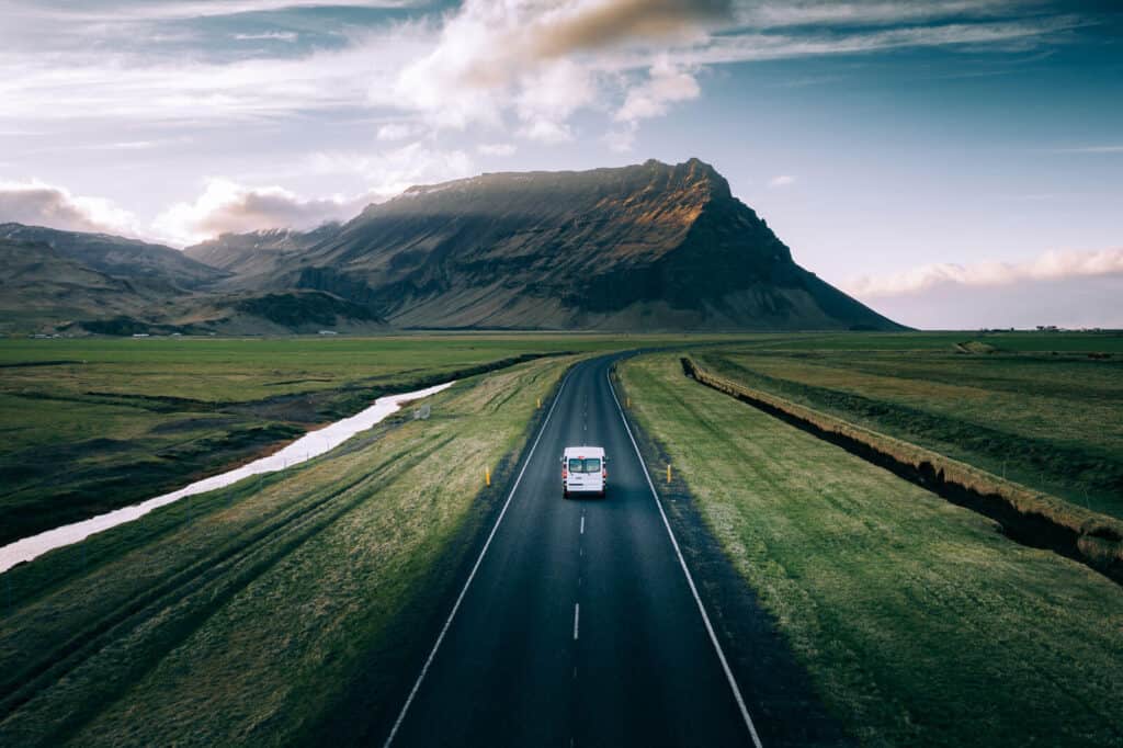 Camper van driving in South of Iceland