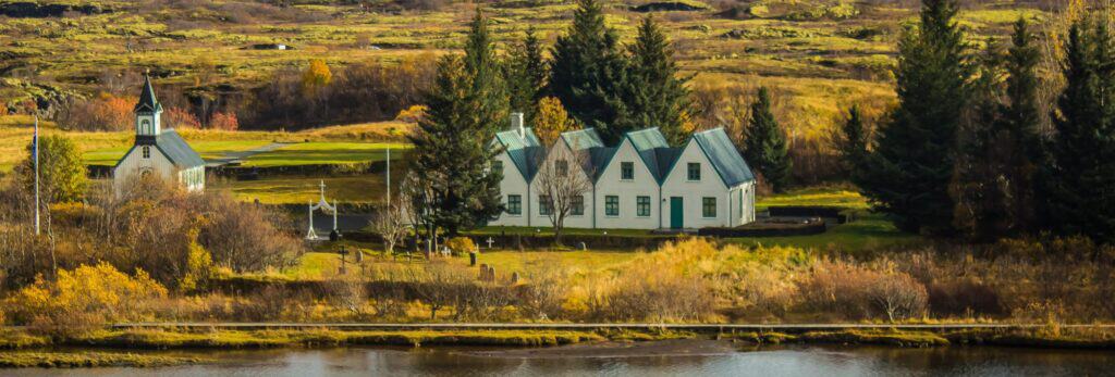 church and old farmhouses in Þingvellir