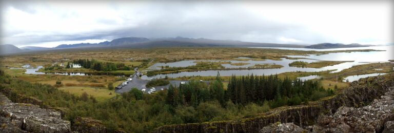 Þingvellir view, church, houses lake, parking lot