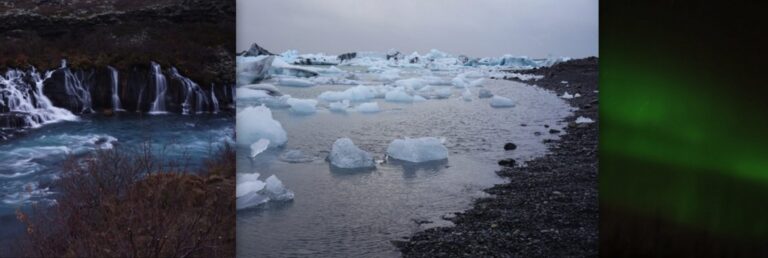 waterfall icebargs northern lights