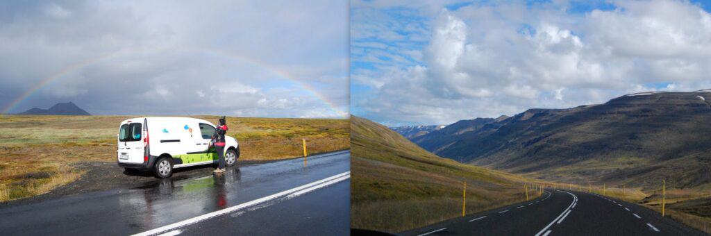 person standing by a rent.is camping car by a road in the icelandic nature
