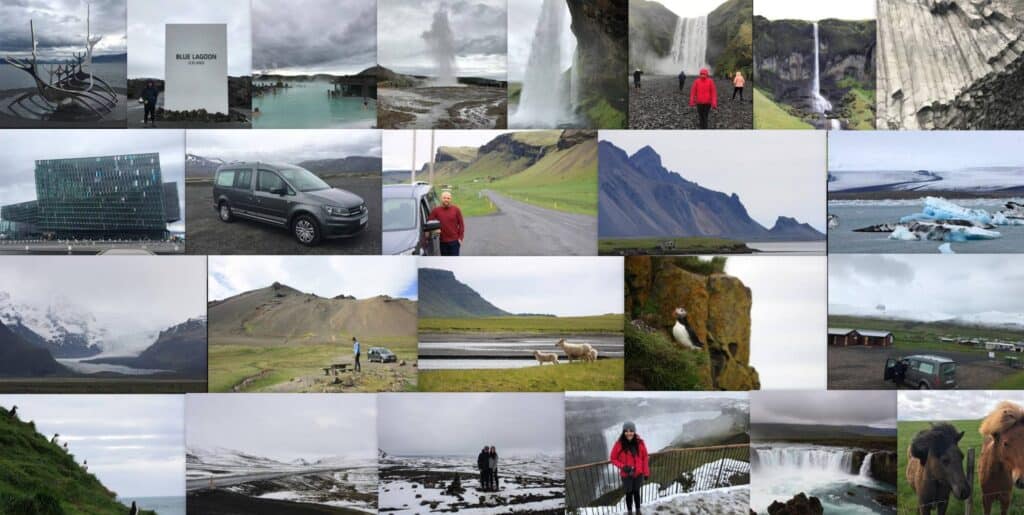 photo collage of people traveling all over Iceland