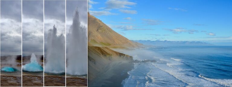 Geyser erupting, black sand beach and sea
