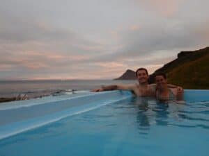 Morning dip in a hot pot in Strandir