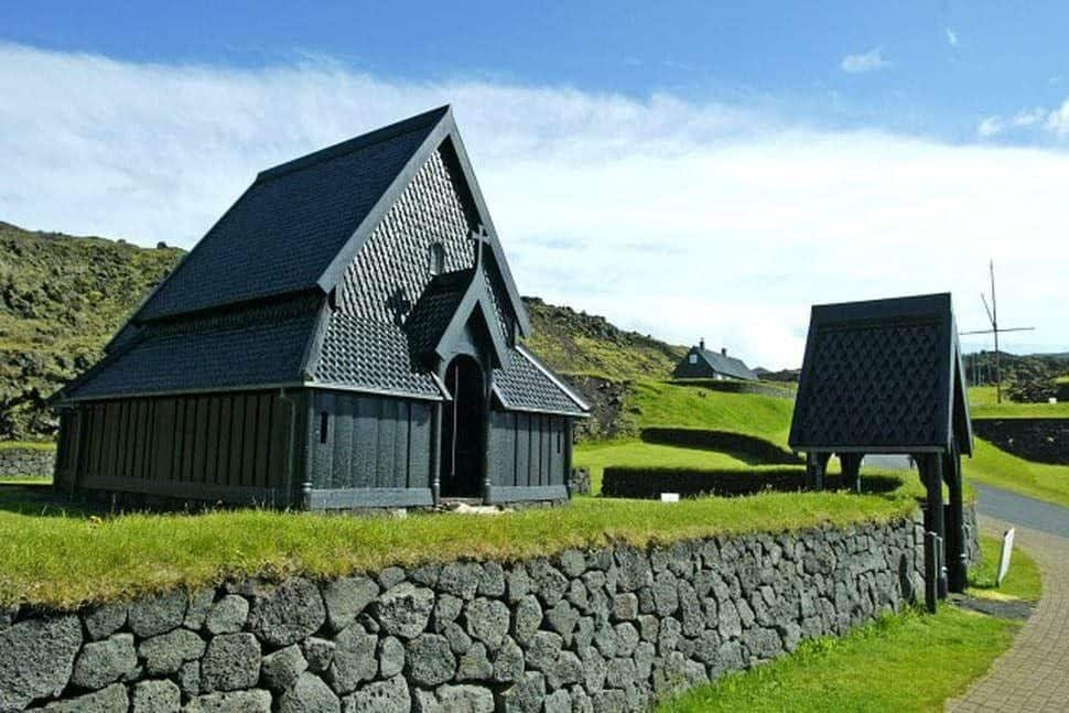 Stafkirkjan a replication of Haltdalen Stave Church in Norway