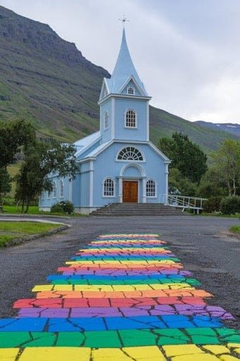 Church in Seyðisfjörður and rainbow street