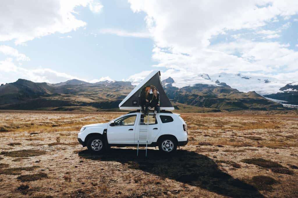 rent.is Dacia duster 4x4 roof top tent for two people, iceland mountains