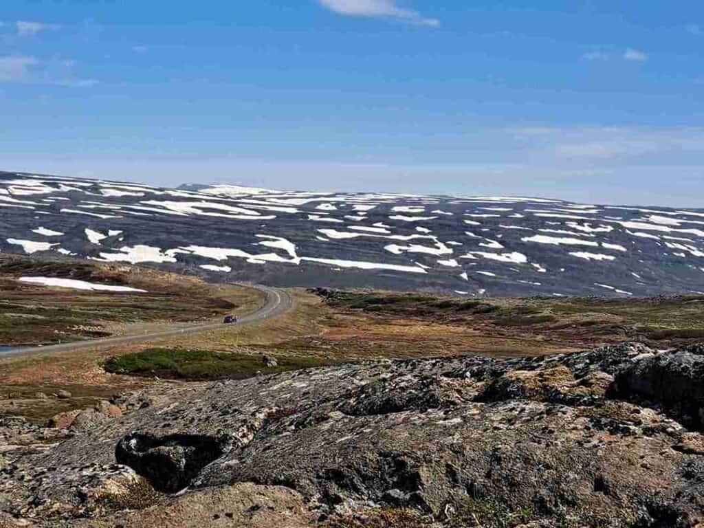 A road leading past the grassy nature and old lava.