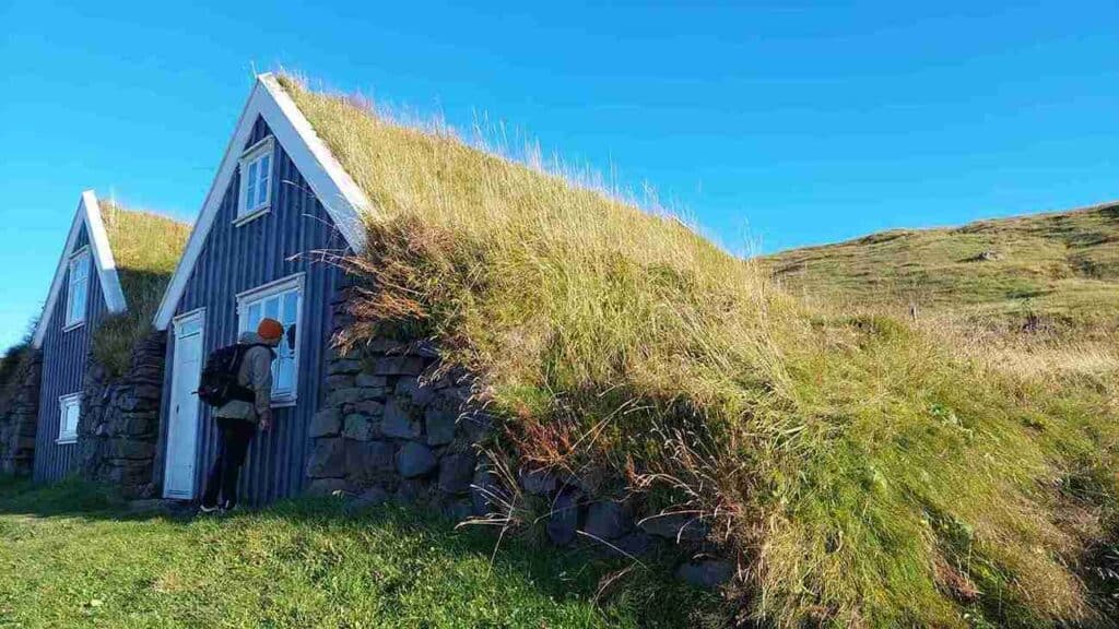 A grassy hut with wooden front